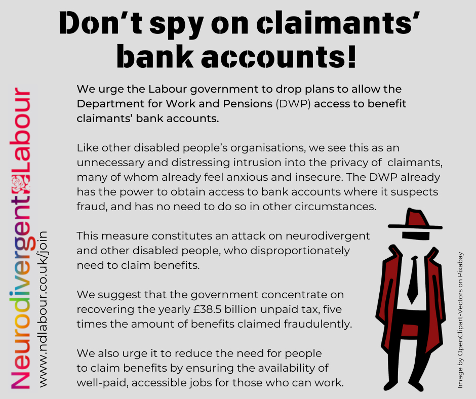 Don't spy on claimants' bank accounts!