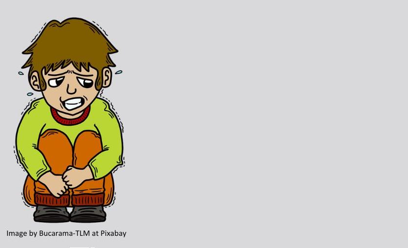 Traumatised cartoon child cowers in fear.
