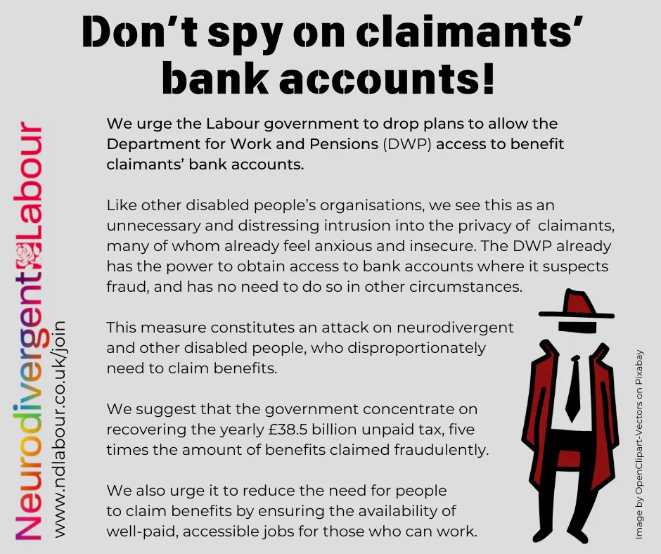 Don't spy on claimants' bank accounts!