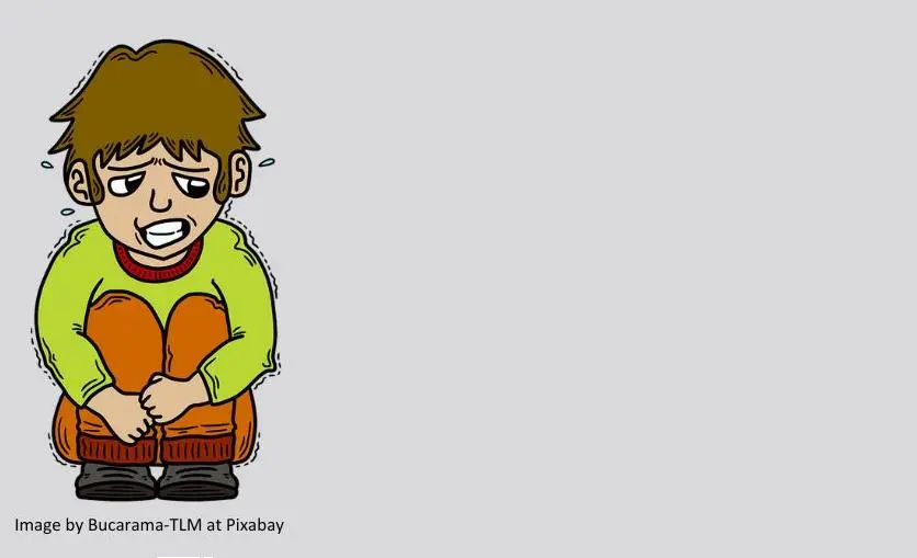 Traumatised cartoon child cowers in fear.